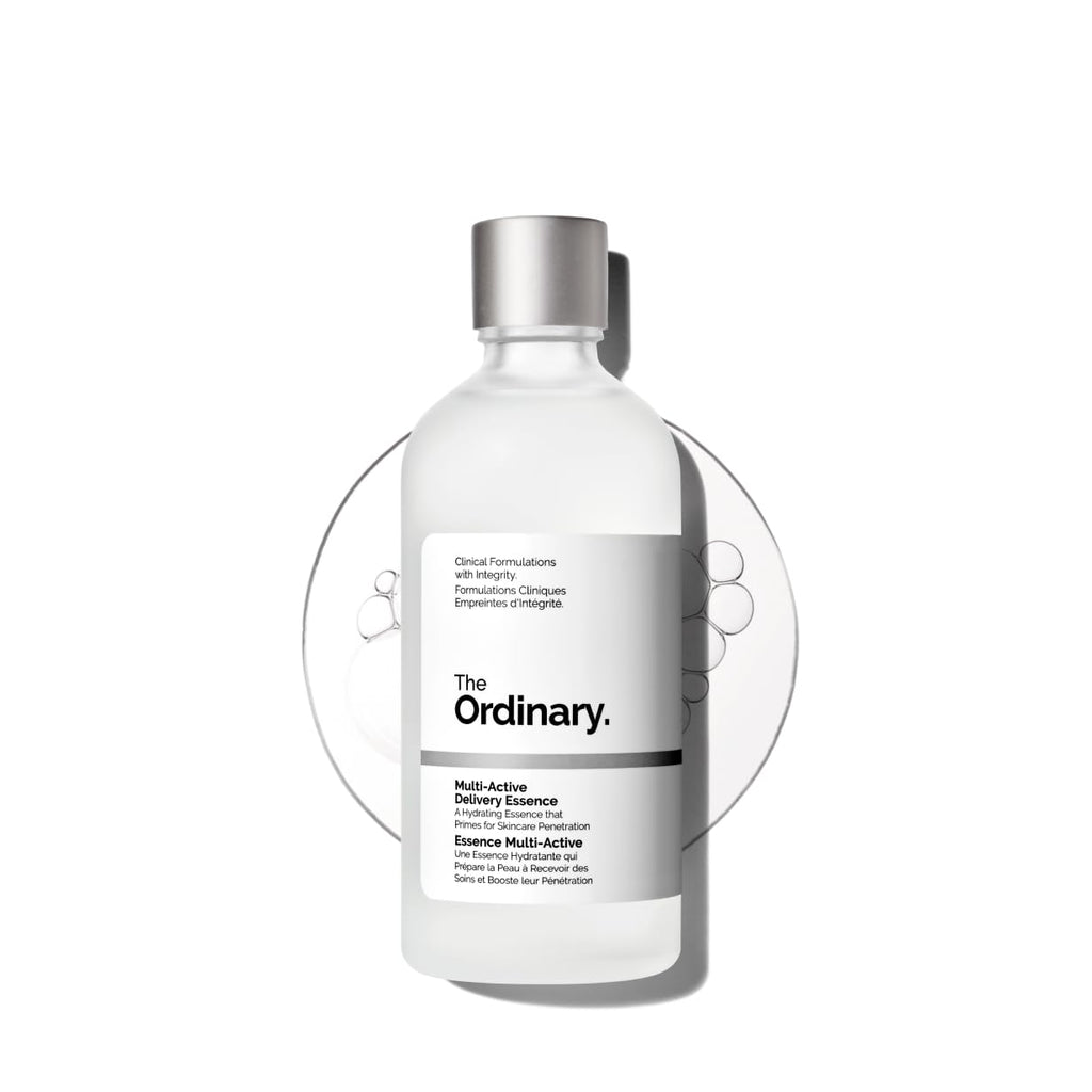 SlimBag The Ordinary Multi-Active Delivery Essence for hydrating, smoother skin, shown in a clear glass bottle with a dropper.