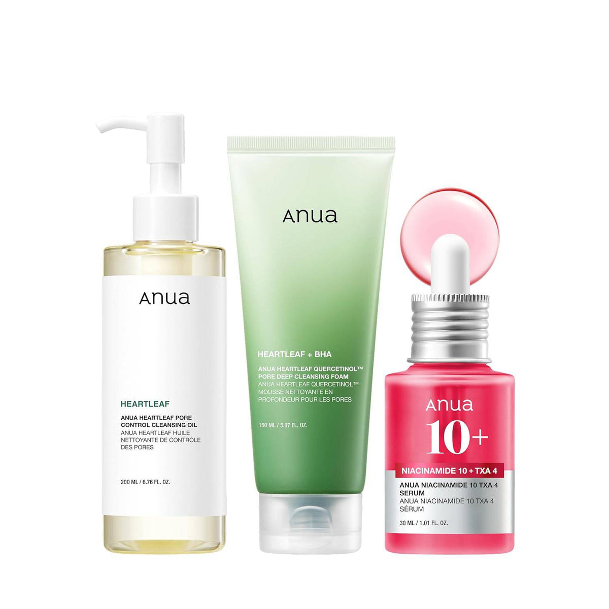Anua 3-Step Glass Skin Beginner Set by SlimBag featuring oil cleanser, face wash, and facial serum for Korean skincare routine