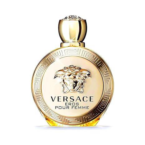 Versace Eros Pour Femme Eau de Parfum spray in 3.4 ounces, featuring a sleek bottle with gold accents and floral design.