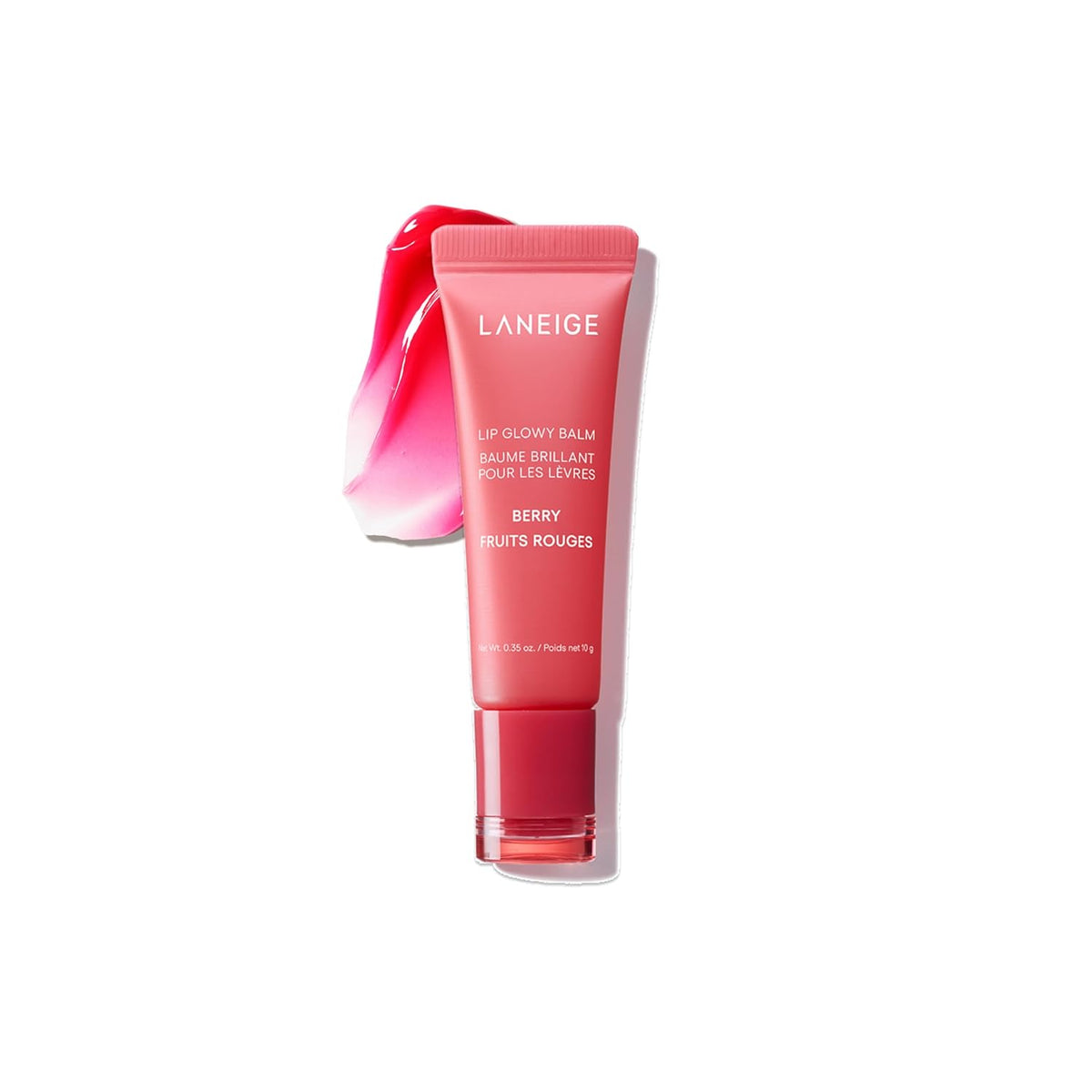 Laneige Lip Glowy Balm tube with berry tint, shea and murumuru butters, providing hydrating, glossy, non-sticky lip treatment.