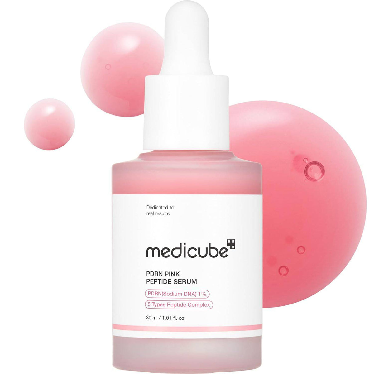 Medicube PDRN Pink Peptide Serum with Salmon DNA, featuring pink glow, peptides, and niacinamide for hydration and firm skin.