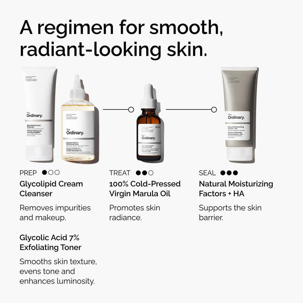Bottle of The Ordinary 100% Cold-Pressed Virgin Marula Oil with dropper, antioxidant-rich unrefined skincare oil for radiant skin.