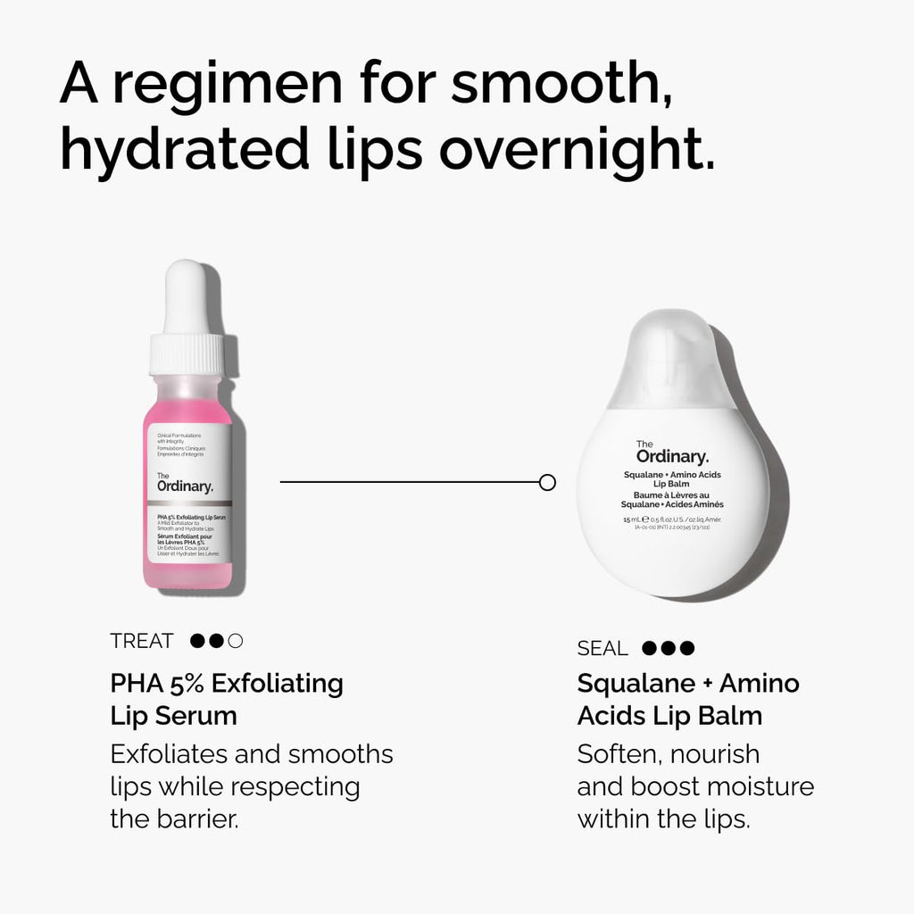 The Ordinary Squalane + Amino Acids Hydrating Lip Balm in a small jar, showing smooth, nourishing balm for lips, elbows, and cuticles.