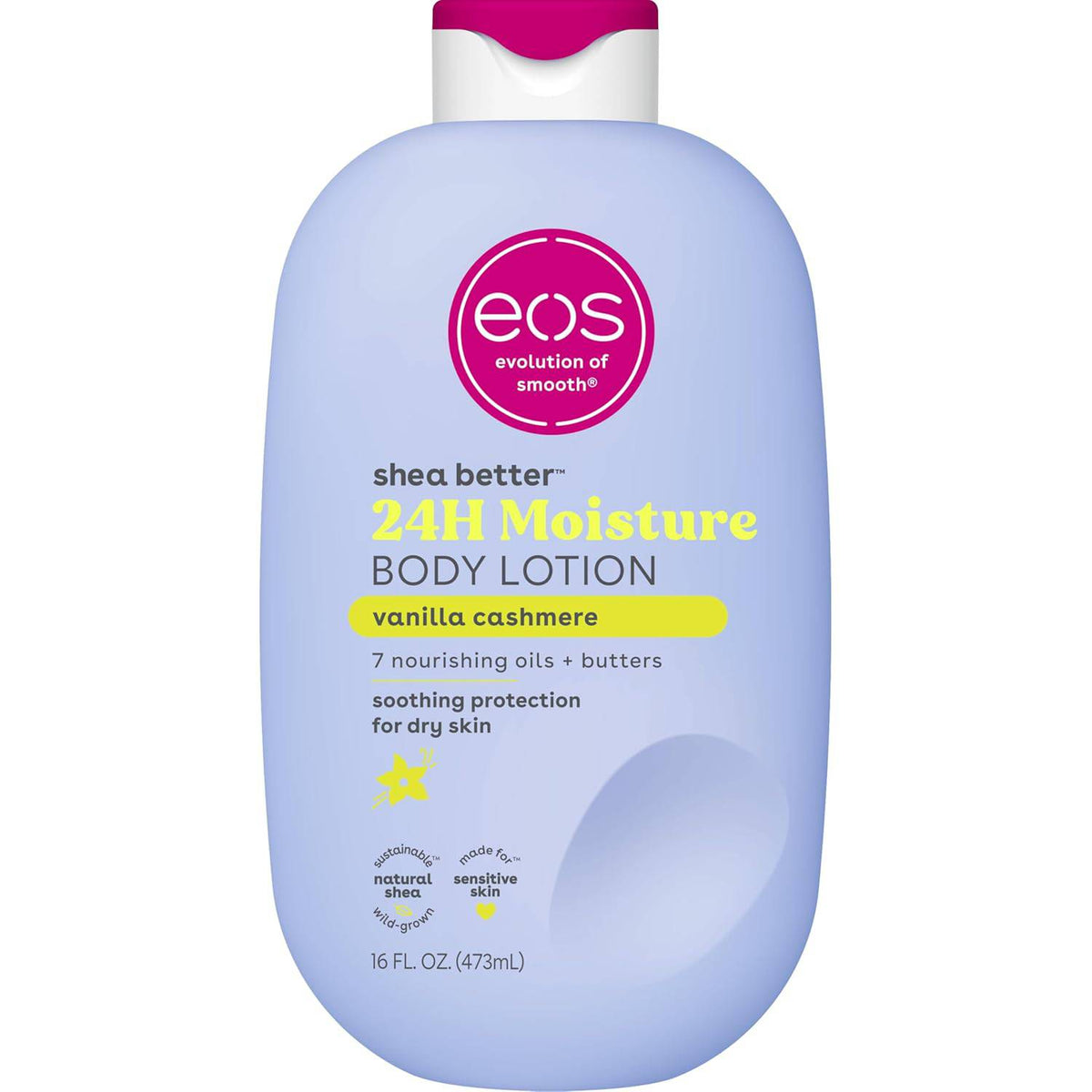 SlimBag eos Shea Better Vanilla Cashmere Body Lotion in 16 fl oz bottle, lightweight, non-greasy moisturizer with natural shea and vanilla scent.