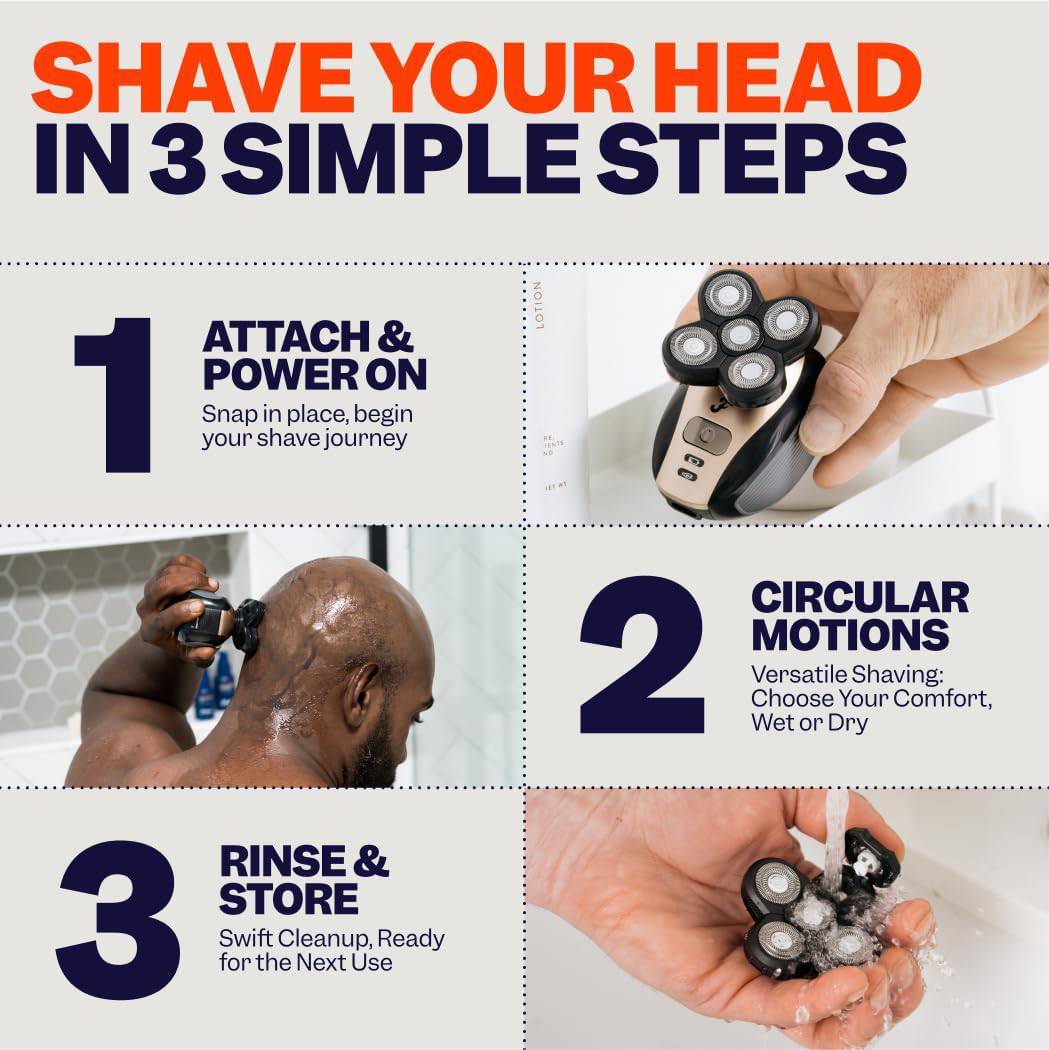 Freebird FlexSeries Electric Head & Body Hair Shaver - Mens Cordless Rechargeable Wet/Dry Skull Bald Head Back & Groin Waterproof Razor with Rotary Blades, Clippers, Nose Trimmer, Brush, Massager