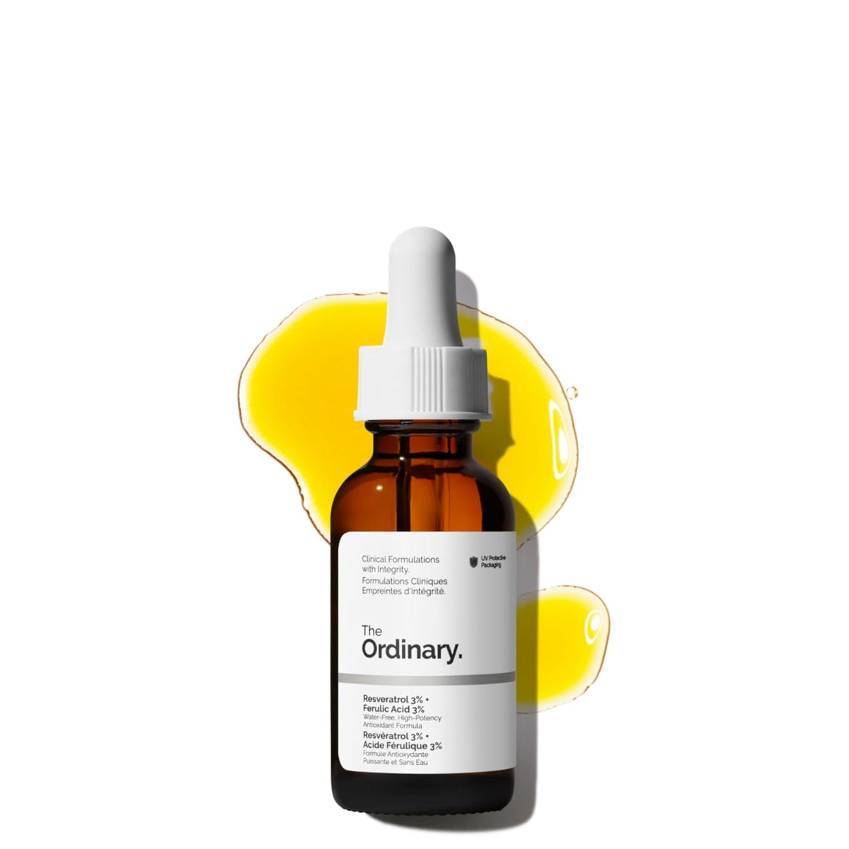 The Ordinary Resveratrol 3% + Ferulic Acid 3% antioxidant serum bottle with dropper for anti-aging skincare.
