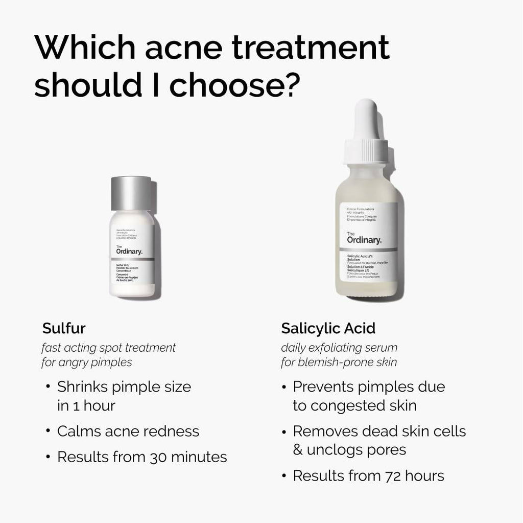 SlimBag The Ordinary Sulfur 10% Powder-to-Cream acne spot treatment with pimple-reducing formula in 0.18 oz jar, showing the product and application.