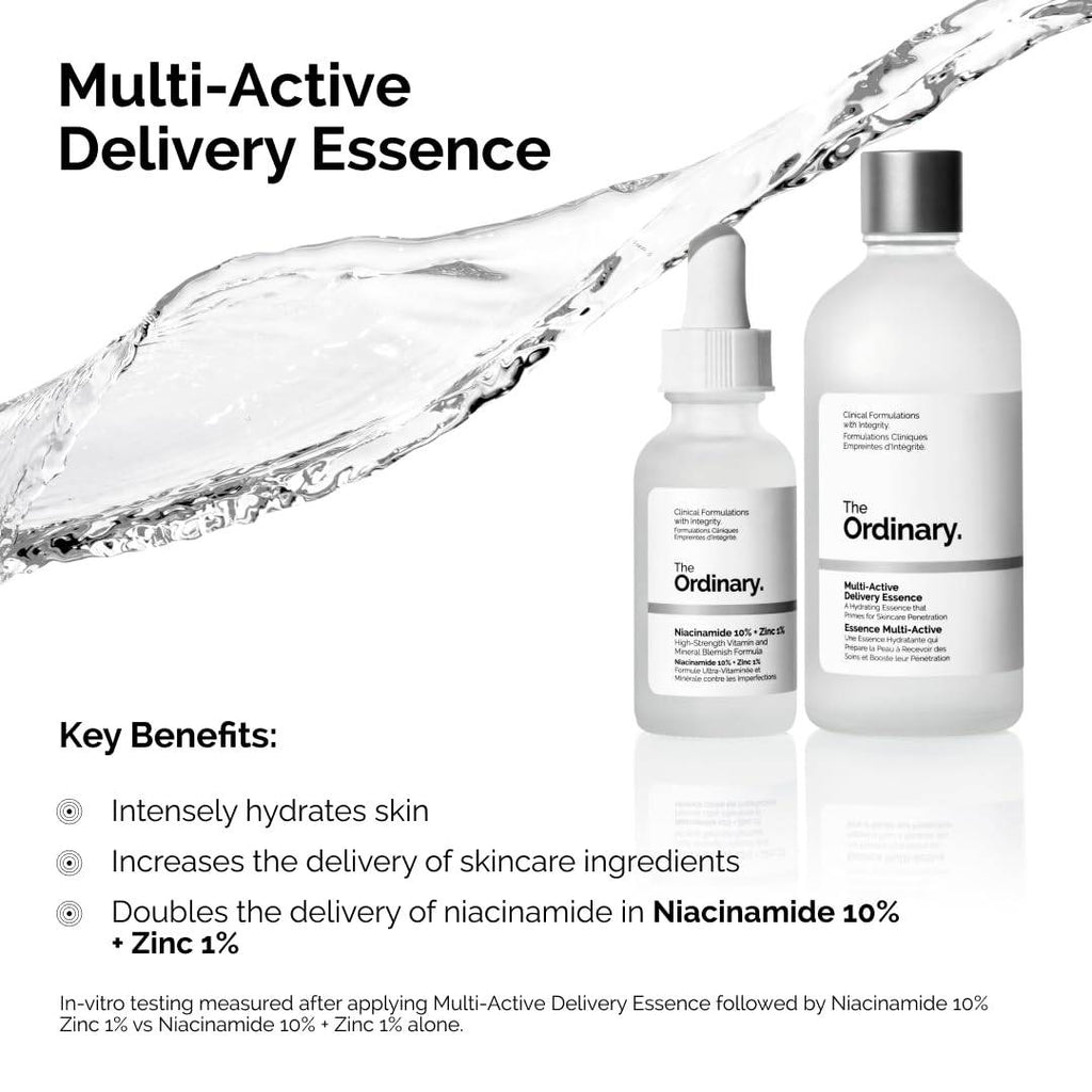SlimBag The Ordinary Multi-Active Delivery Essence in a clear bottle, hydrating skincare face essence for softer, smoother glass skin.