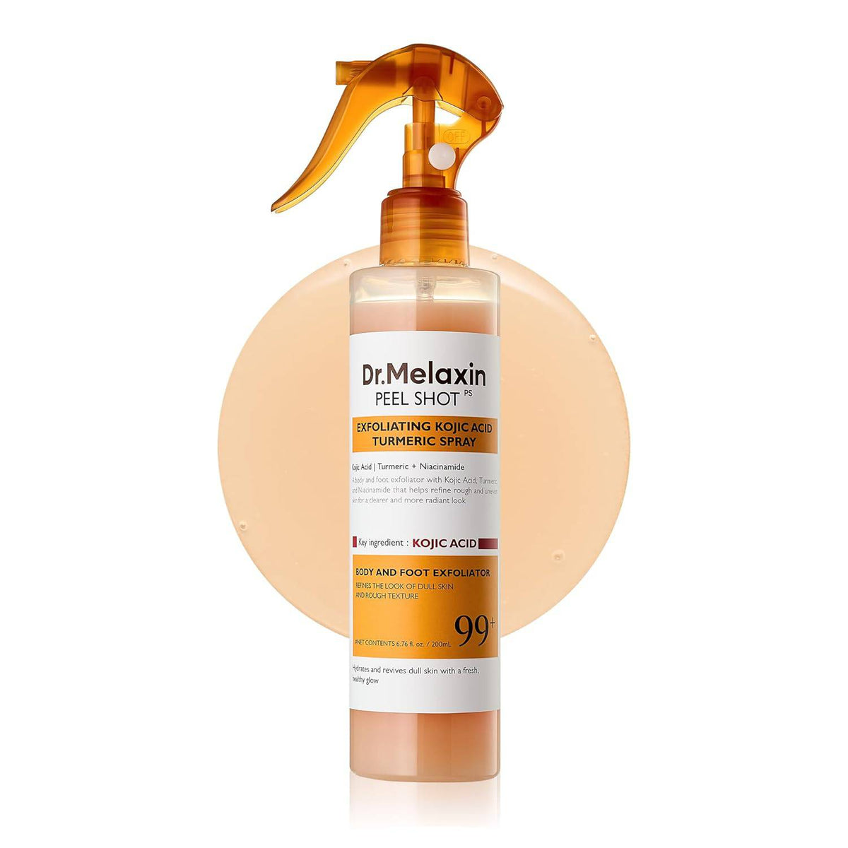 SlimBag Dr.Melaxin Peel Shot exfoliator spray with kojic acid, turmeric, AHA, PHA, and niacinamide for body skin brightening.