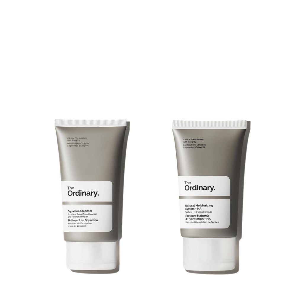 The Ordinary skincare travel set with Squalane Cleanser and Natural Moisturizing Factors + HA in 1.7oz and 1oz sizes.