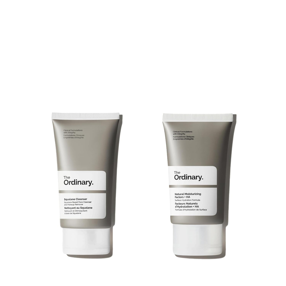 The Ordinary skincare travel set with Squalane Cleanser and Natural Moisturizing Factors + HA in 1.7oz and 1oz sizes.