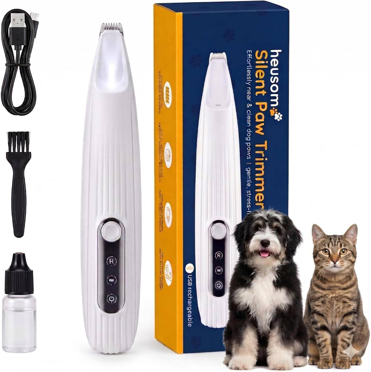 Silent Pet Paw Trimmer by SlimBag, cordless rechargeable shaver for dogs and cats, with light for grooming paws, face, ears, and butt.