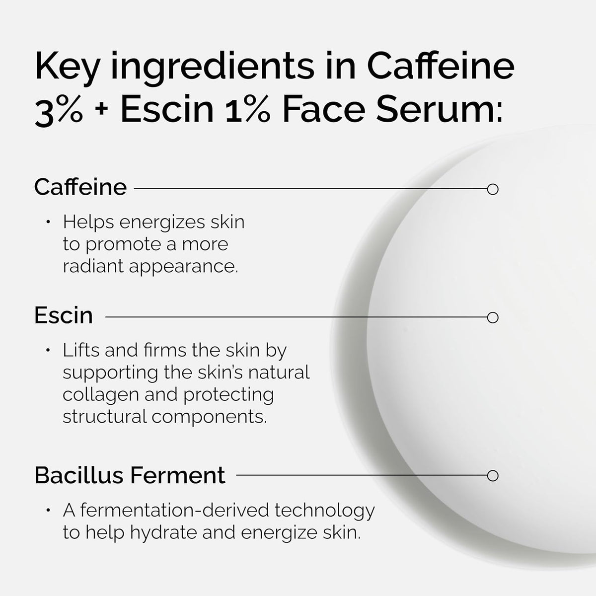 The Ordinary Caffeine 3% + Escin 1% face serum in a clear bottle, showing the product label and serum inside.