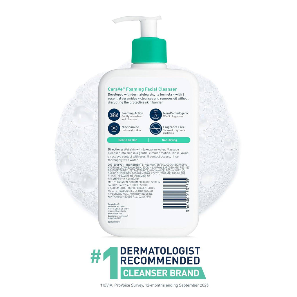 SlimBag CeraVe Foaming Facial Cleanser for oily skin with hyaluronic acid, ceramides, and niacinamide in a 19 oz bottle.