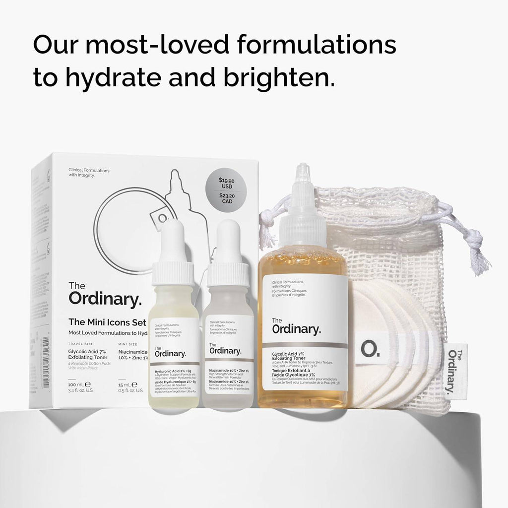 SlimBag The Ordinary Mini Icons Set with travel-sized glycolic acid toner, niacinamide, hyaluronic acid, and reusable rounds for skincare.