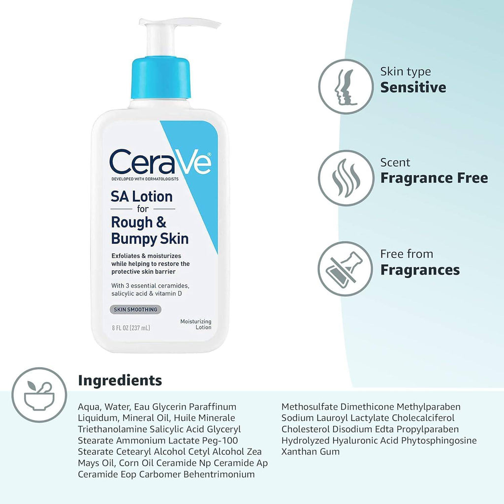 SlimBag CeraVe SA lotion for rough, bumpy skin featuring Vitamin D, hyaluronic acid, lactic acid, and salicylic acid, fragrance-free
