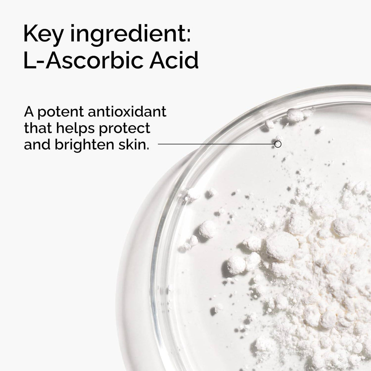 The Ordinary 100% L-Ascorbic Acid Powder vitamin C treatment in a clear jar with a scoop, designed for anti-aging skincare.