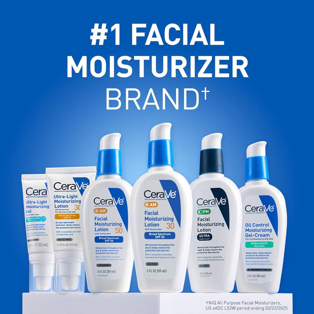 SlimBag CeraVe Ultra-Light Moisturizing Lotion with SPF 30, oil-free face moisturizer with hyaluronic acid and ceramides.