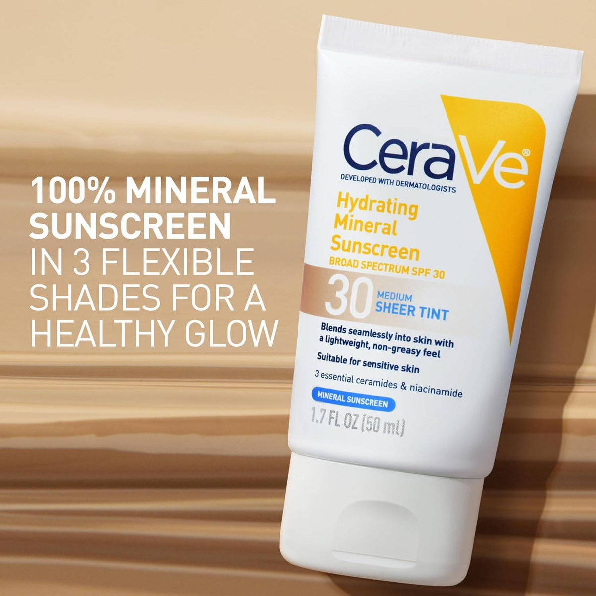 SlimBag CeraVe Hydrating Mineral Sunscreen SPF 30 with sheer tint, zinc oxide, titanium dioxide, in 1.7 oz tube, smooth and evenly blended