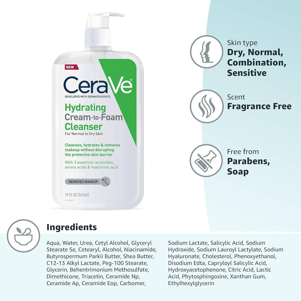 SlimBag CeraVe Hydrating Cream To Foam Cleanser for dry skin, fragrance-free facial wash with hyaluronic acid, 19 oz bottle