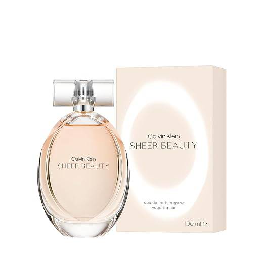 Calvin Klein Sheer Beauty floral women's perfume bottle with notes of peach, pink lily, peony, and vanilla blossom.