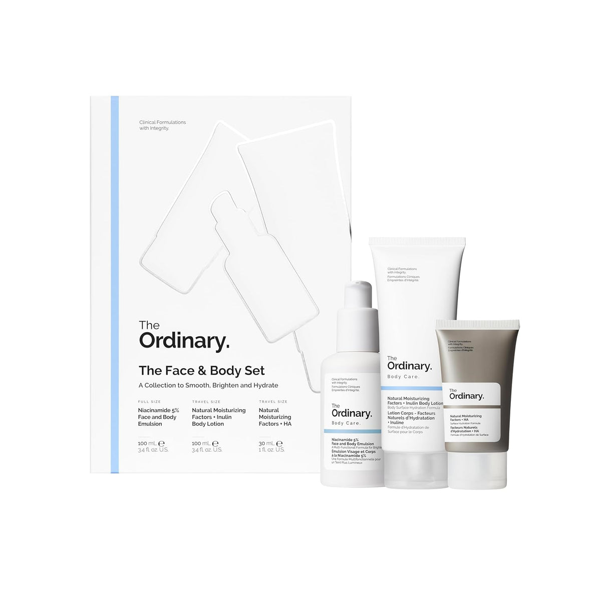 SlimBag The Ordinary face and body skincare set with Niacinamide 5% emulsion, moisturizing factors, inulin, and hyaluronic acid lotions