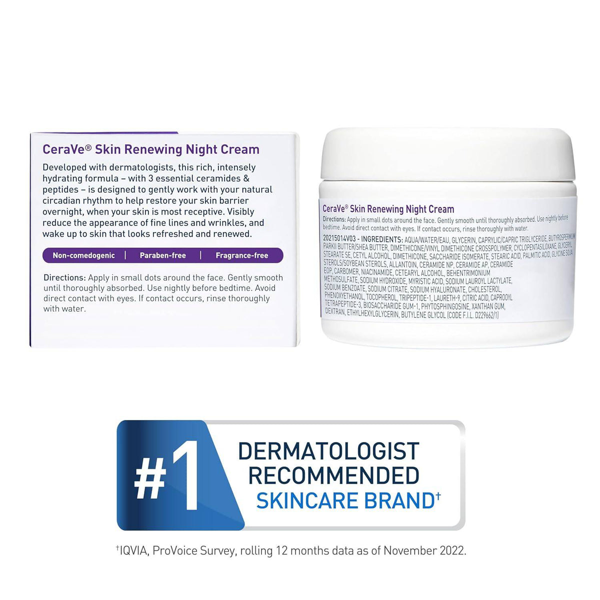 CeraVe Skin Renewing Night Cream with peptide complex, hyaluronic acid, and ceramides in 1.7 oz jar, moisturizing face skin.