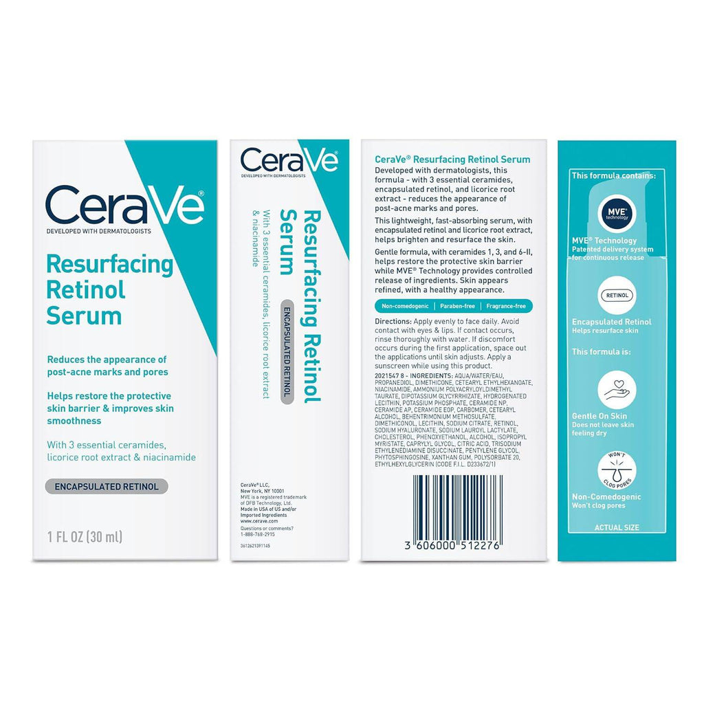 SlimBag CeraVe Resurfacing Retinol Serum with licorice root and niacinamide for post-acne marks and skin barrier repair on face