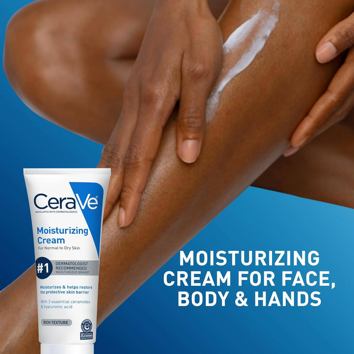 SlimBag CeraVe Moisturizing Cream for face and body, normal to dry skin, 8 fl oz bottle with white and blue packaging.