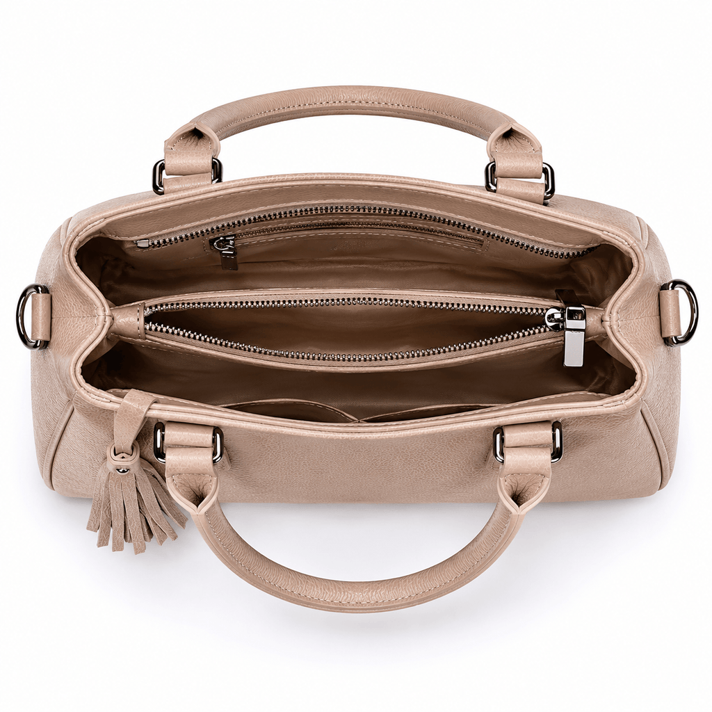 SlimBag beige faux leather tote handbag with sturdy handles and spacious interior, perfect for everyday use