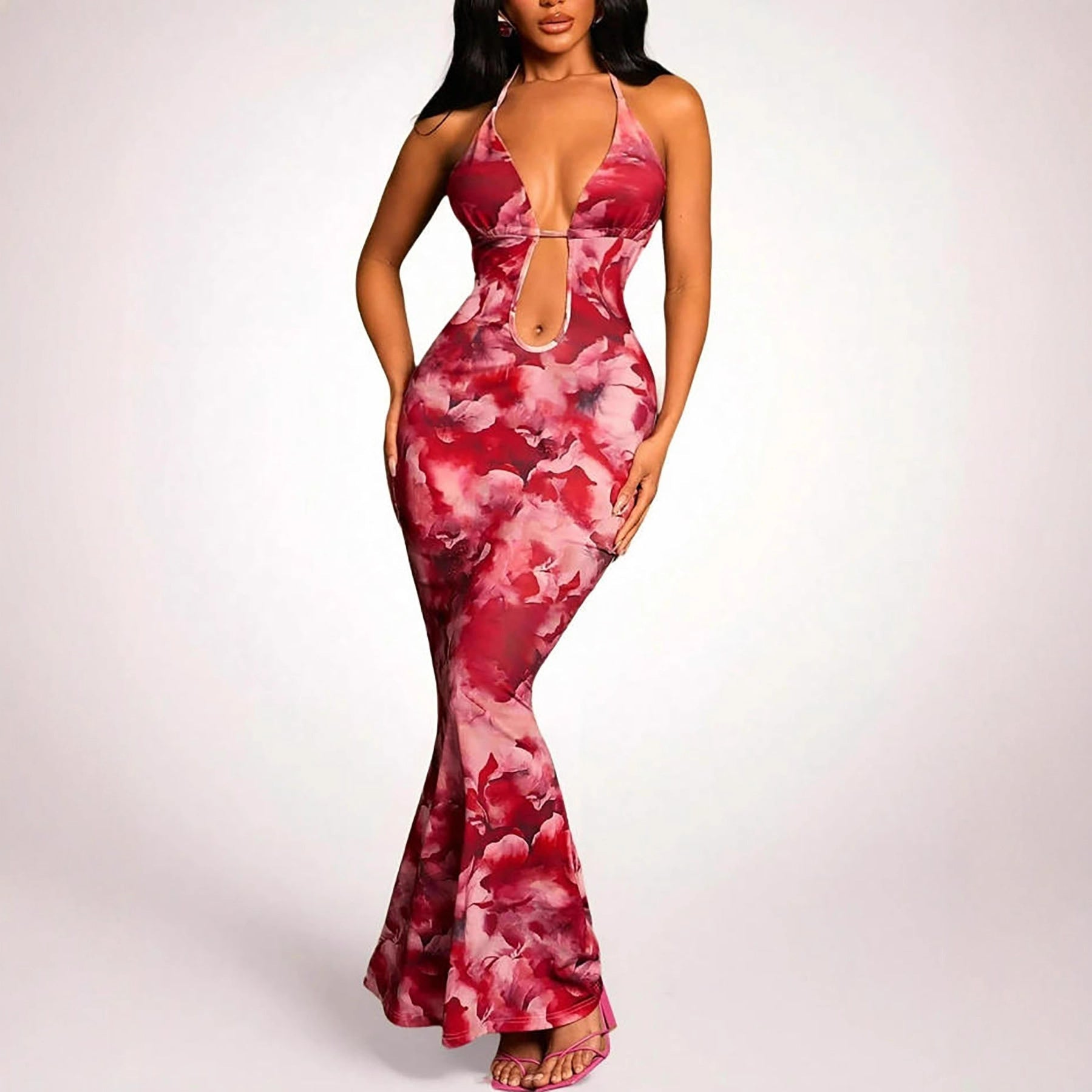 Printed Backless Hollow-Out Dress Women