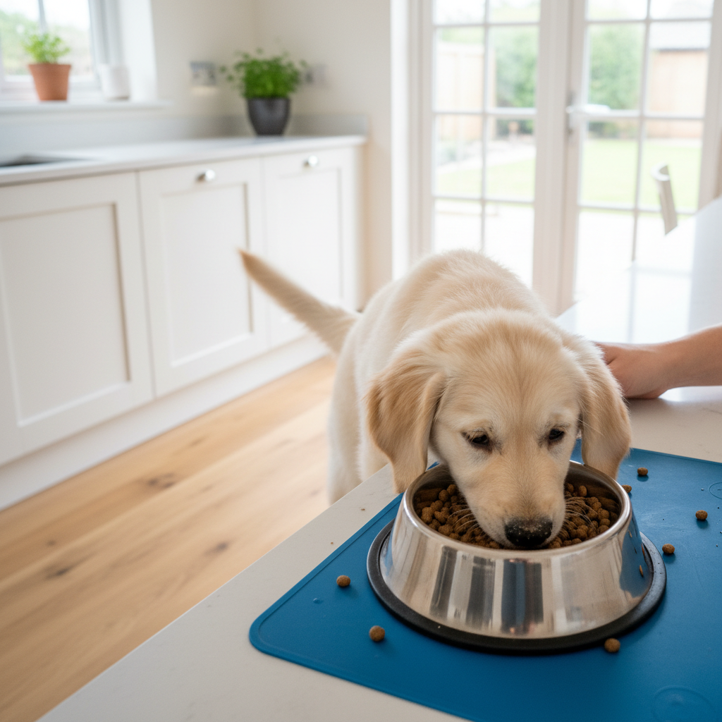 Adorable puppy eating premium puppy starter food