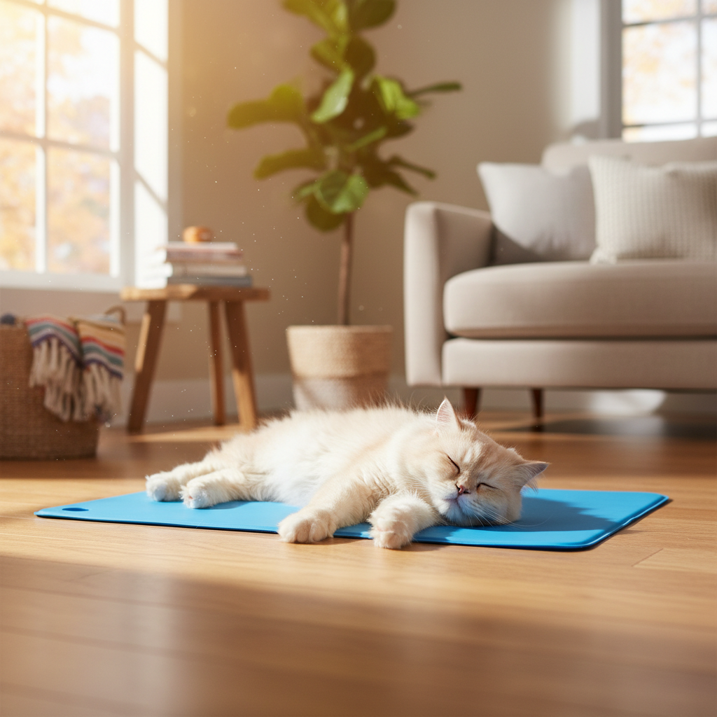 Cat lounging on cooling mat