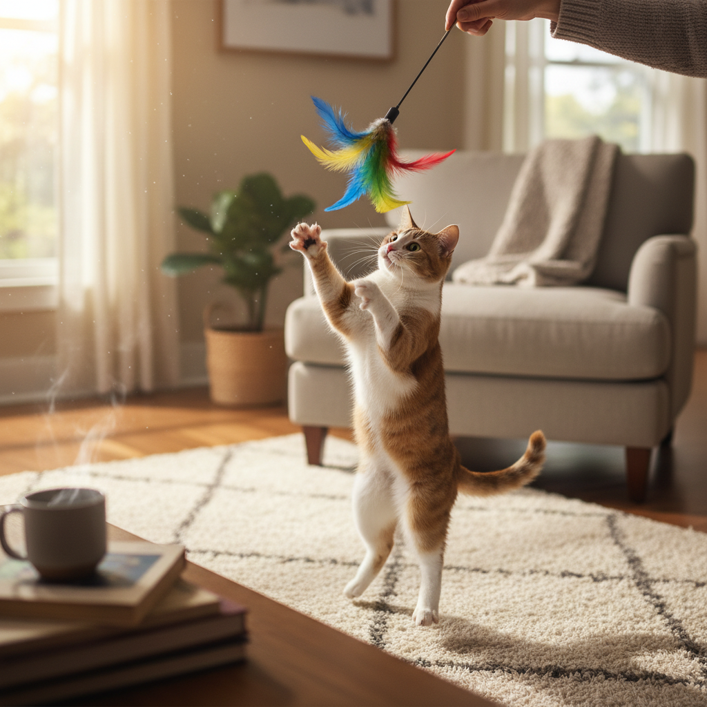Cat jumping for feather wand toy