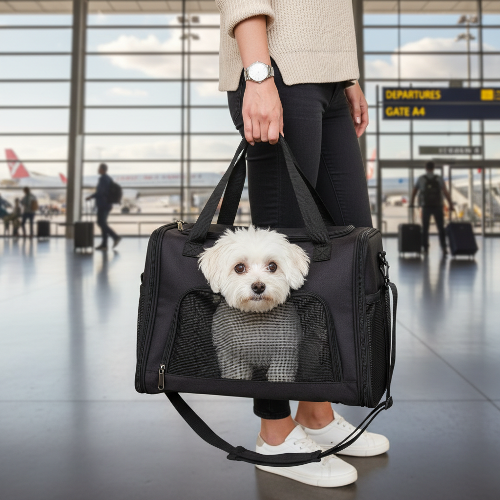 Small dog peeking from pet carrier at airport
