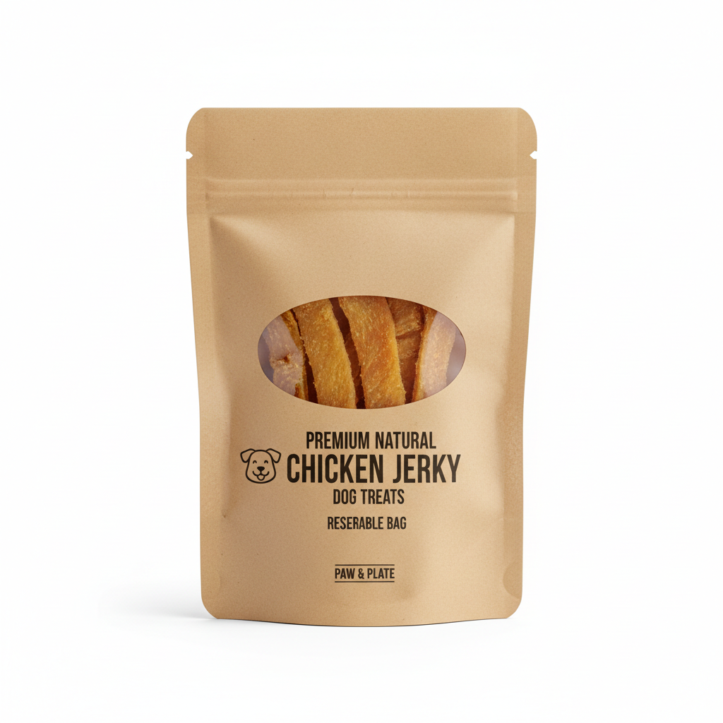 Natural chicken jerky dog treats bag front view