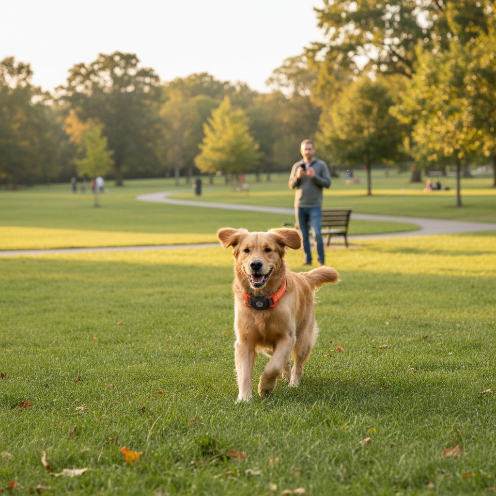Dog running with GPS tracker collar in park